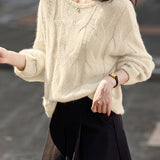 Casual Minimalist Round Neck Pullover Cable Knit Sweater