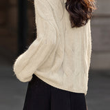 Casual Minimalist Round Neck Pullover Cable Knit Sweater