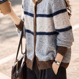 Casual Versatile Relaxed Color-Block Striped Blended Cardigan