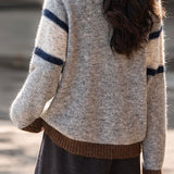 Casual Versatile Relaxed Color-Block Striped Blended Cardigan