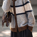 Casual Versatile Relaxed Color-Block Striped Blended Cardigan