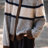 Casual Versatile Relaxed Color-Block Striped Blended Cardigan