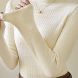 Casual Minimalist Half-High Neck Ribbed Fleece Knit Base Layer