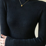 Casual Minimalist Half-High Neck Ribbed Fleece Knit Base Layer