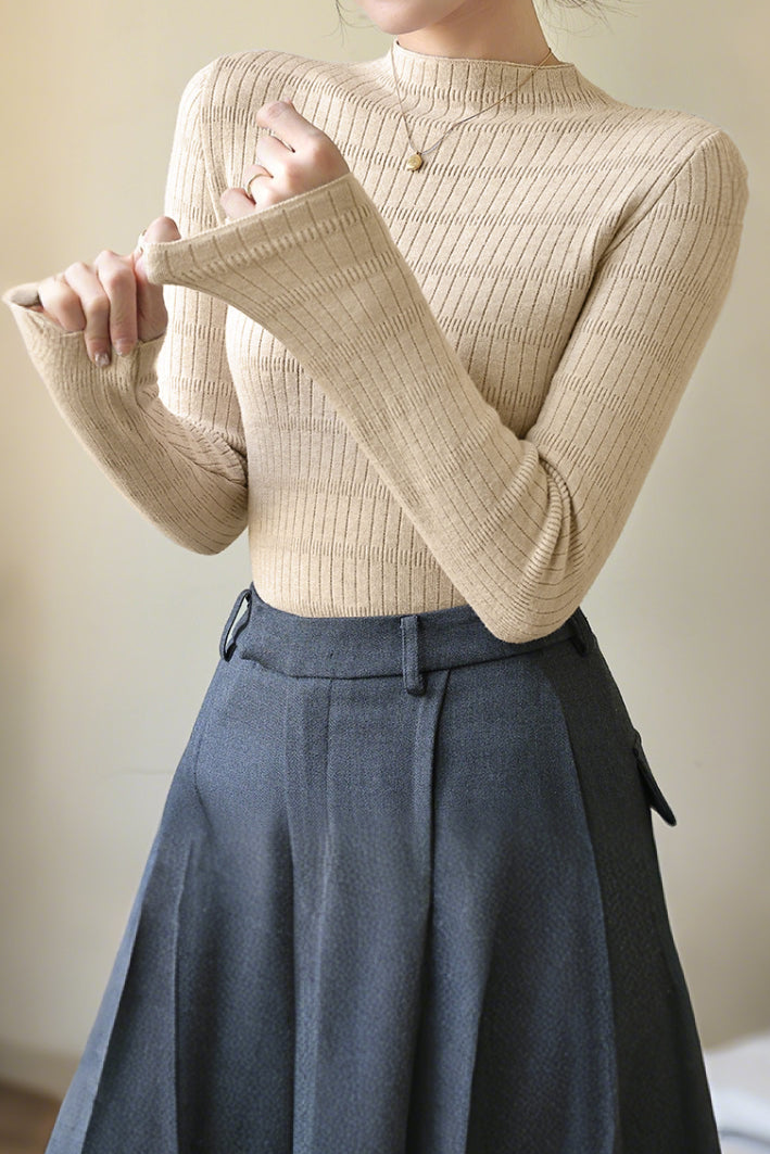 Casual Minimalist Half-High Neck Ribbed Fleece Knit Base Layer