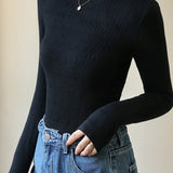 Casual Minimalist Half-High Neck Ribbed Fleece Knit Base Layer