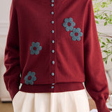 Round Neck Embroidered Knit Cardigan