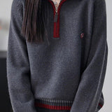 Half-Zip Collared Color-Block Knit Top