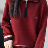 Half-Zip Collared Color-Block Knit Top