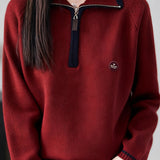 Half-Zip Collared Color-Block Knit Top