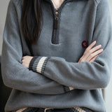 Half-Zip Collared Color-Block Knit Top