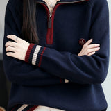 Half-Zip Collared Color-Block Knit Top