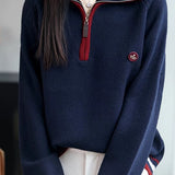 Half-Zip Collared Color-Block Knit Top