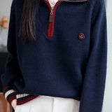 Half-Zip Collared Color-Block Knit Top
