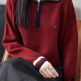 Half-Zip Collared Color-Block Knit Top
