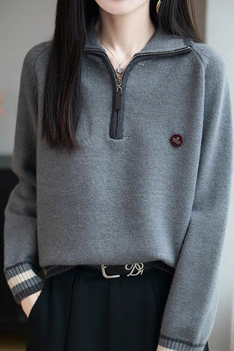 Half-Zip Collared Color-Block Knit Top