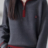 Half-Zip Collared Color-Block Knit Top