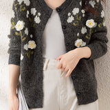 Casual Versatile Color-Block Three-Dimensional Flower Knit Cardigan