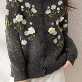 Casual Versatile Color-Block Three-Dimensional Flower Knit Cardigan