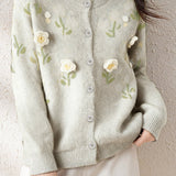 Casual Versatile Color-Block Three-Dimensional Flower Knit Cardigan
