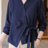 Casual Solid-Color Asymmetric Bow Tie Shirt