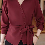 Casual Solid-Color Asymmetric Bow Tie Shirt