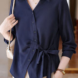 Casual Solid-Color Asymmetric Bow Tie Shirt