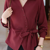 Casual Solid-Color Asymmetric Bow Tie Shirt