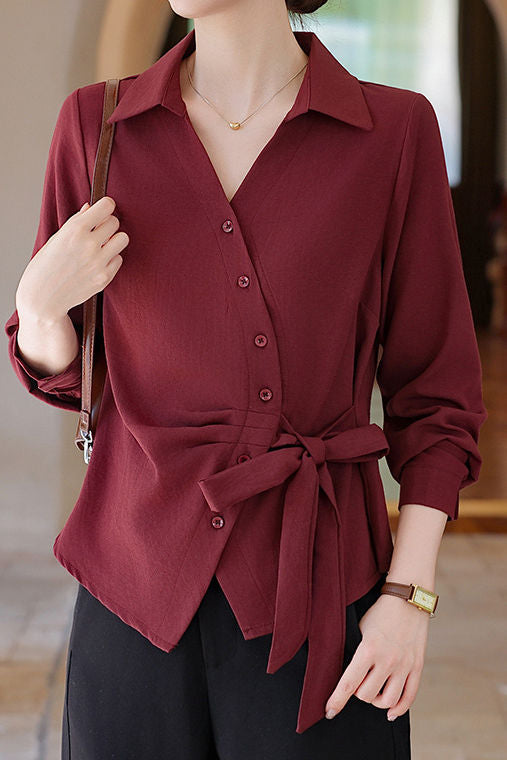 Casual Solid-Color Asymmetric Bow Tie Shirt