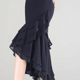 Commuter Solid-Color Asymmetric Ruffled Mermaid Midi Skirt