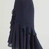 Commuter Solid-Color Asymmetric Ruffled Mermaid Midi Skirt
