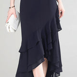 Commuter Solid-Color Asymmetric Ruffled Mermaid Midi Skirt