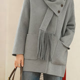 Casual Temperament Detachable Fringed Scarf Collar Woolen Coat
