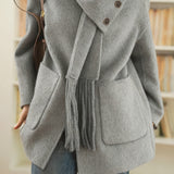 Casual Temperament Detachable Fringed Scarf Collar Woolen Coat