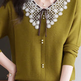 Casual Lace Collar Paneled Knitted Top