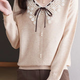 Casual Lace Collar Paneled Knitted Top