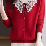 Casual Lace Collar Paneled Knitted Top