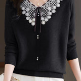 Casual Lace Collar Paneled Knitted Top
