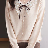 Casual Lace Collar Paneled Knitted Top