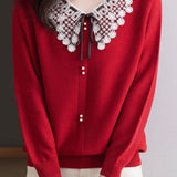Casual Lace Collar Paneled Knitted Top