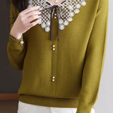 Casual Lace Collar Paneled Knitted Top