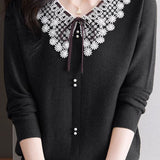 Casual Lace Collar Paneled Knitted Top