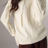 Casual Versatile Solid-Color Cable-Knit Hooded Knitted Top