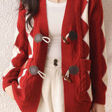 Casual Retro Argyle Color-Block Toggle Button Knitted Cardigan