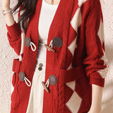 Casual Retro Argyle Color-Block Toggle Button Knitted Cardigan