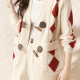 Casual Retro Argyle Color-Block Toggle Button Knitted Cardigan