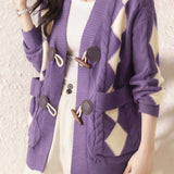 Casual Retro Argyle Color-Block Toggle Button Knitted Cardigan