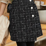 Elegant-Style Tweed Plaid Midi Skirt