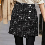 Elegant-Style Tweed Plaid Midi Skirt