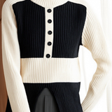 Casual Versatile Black-White Color-Block Slit Turtleneck Sweater